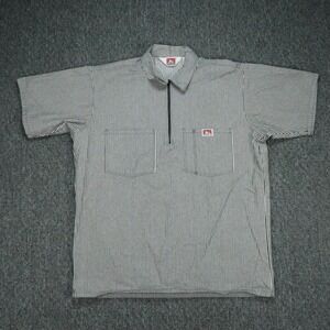 Ben Davis Shirt Men Large Gray White Striped Half Zip Short Sleeve Work Mechanic